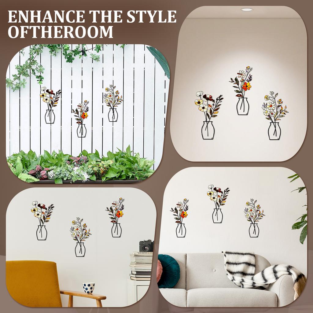 3Pcs Metal Vase Flowers Wall Arts - Rustic Farmhouse Décor Minimalist Flower Wall Pendants for Living Room Bedroom Housewarming