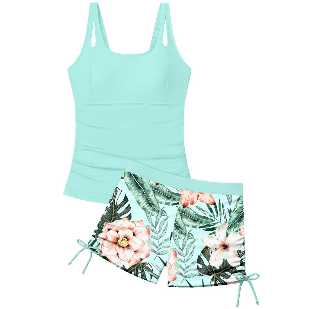 Children's Fashionable Casual Square-Neck Printed Swimsuit Set