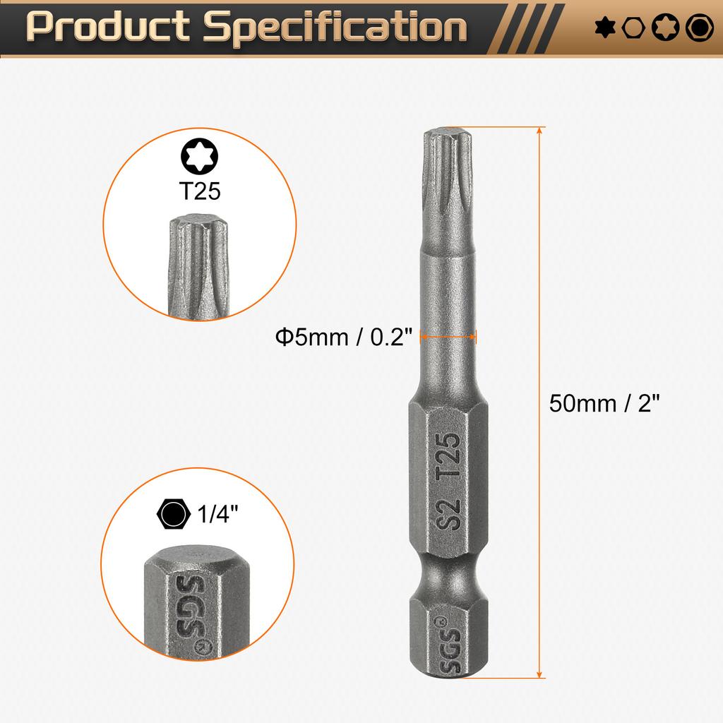 Torx Head Screwdriver Bit T5-T50 1/4" Hex Shank 50mm Magnetic No Hole Tip Tamper Proof 6 Point Star S2 Screw Driver Drill Bits
