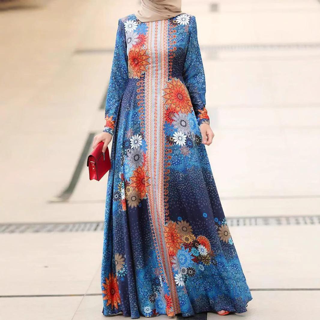 Women s Long Sleeve Round Neck Printed Elegant Long Dress S синий