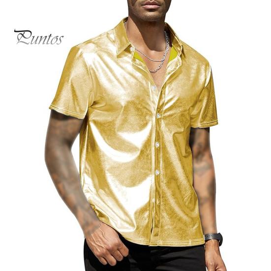 

Мужская летняя рубашка с глянцевой поверхностью, отложным воротником, однобортный кардиган, свободная рубашка для вечеринок, повседневная одежда средней длины, топ S золотистый