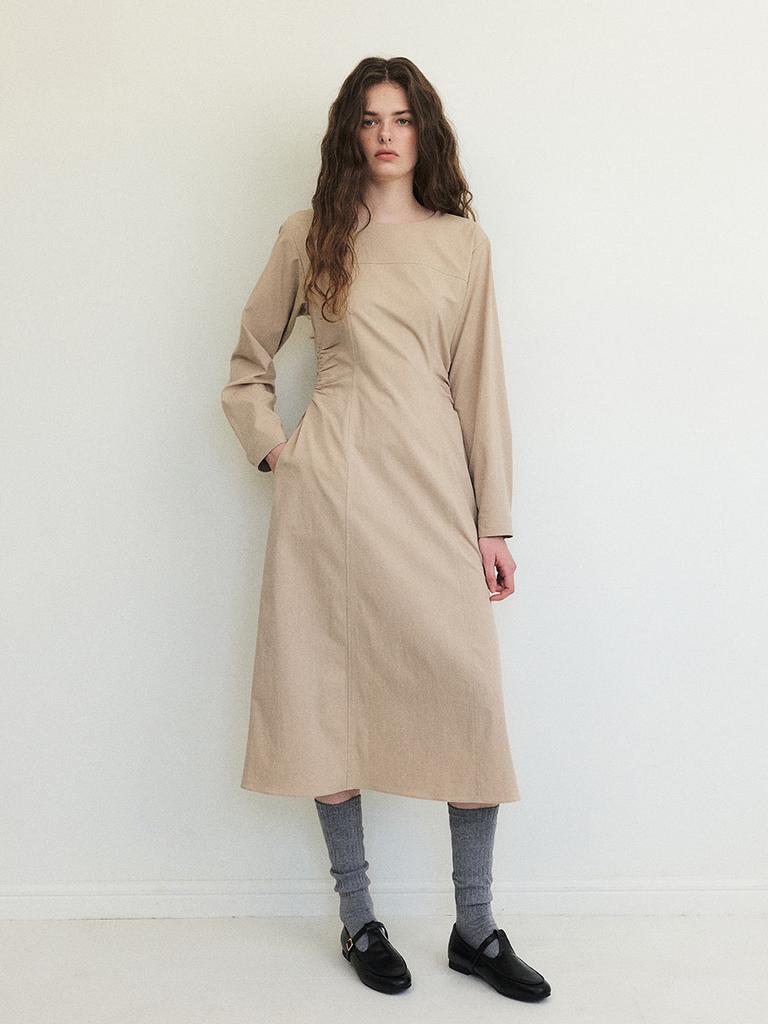 ETMON Side Tuck Shirring Dress, Beige