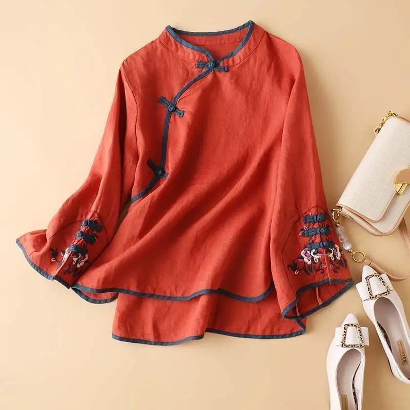 

Spring Women s Shirt Chinese Style Trendy Artistic Embroidery Loose-fit V-neck Top for Women Fashionable Clothes S оранжевый