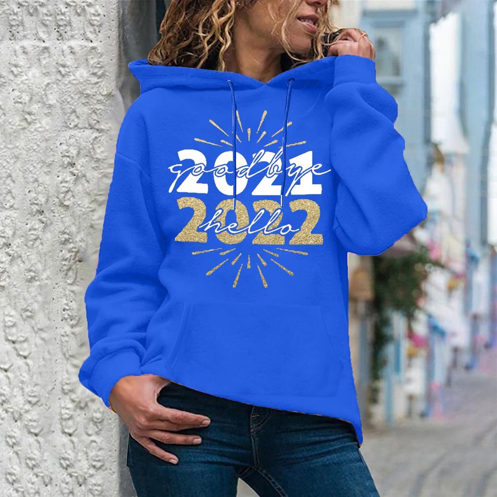 Women's Fashion Casual  New Year Print Hooded Sweatshirt Loose Sports Pullover