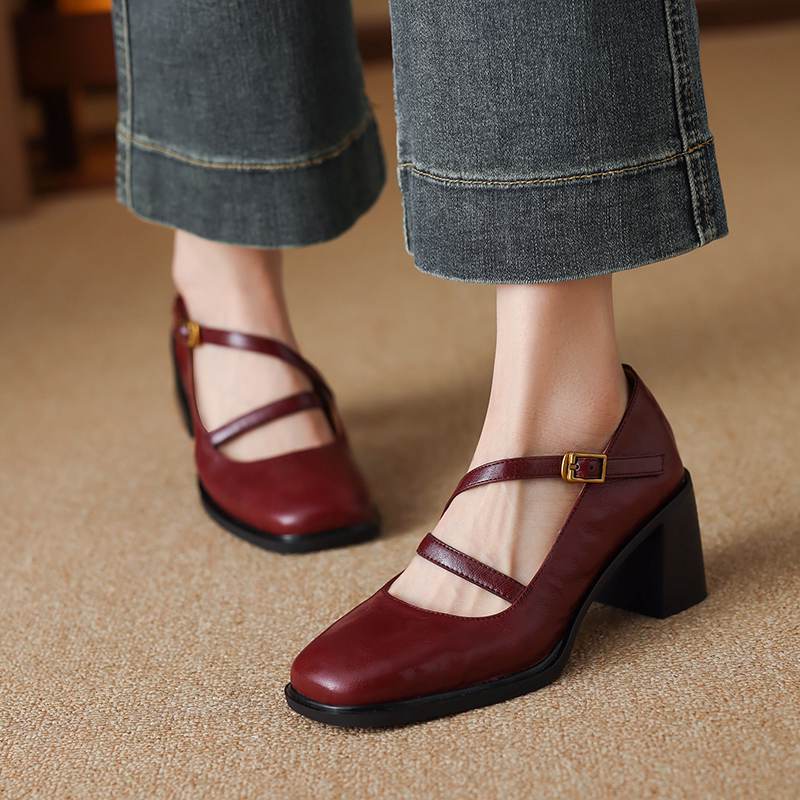 Krazing Pot Sheepskin Round Toe Size 41 Chunky High Heels Buckle Straps Vintage Autumn Pumps