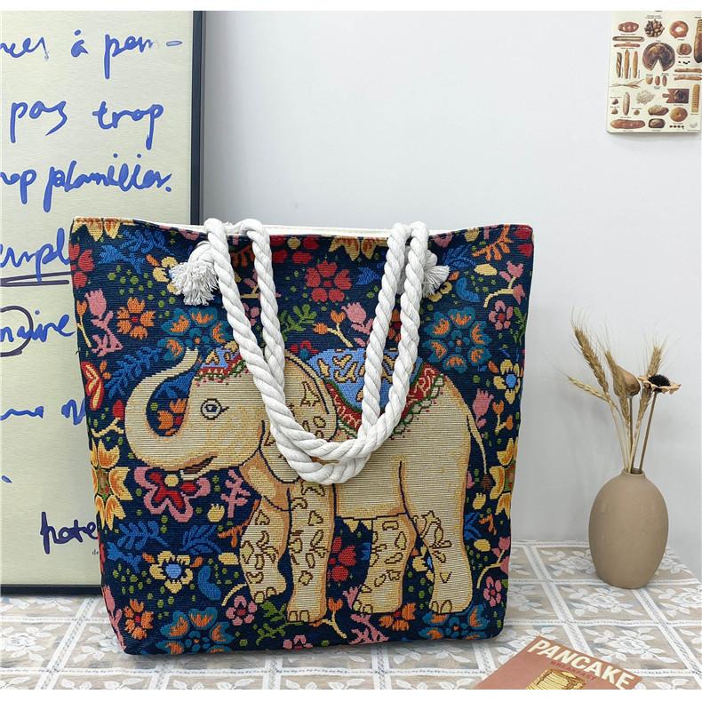 Ethnic Style Elephant Embroidered Canvas Shoulder Bag With Cotton Rope Strap For Casual Travel
