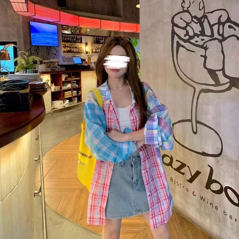 Dames Rutete Skjorte med Fargeblokkering Sommer Ny Løs Casual Solskjermingsskjorter Amerikansk High Street Tynn Langermet Topp