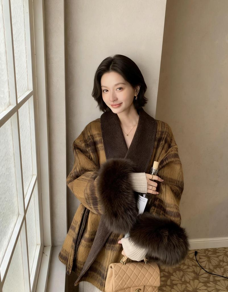 Sex and the City: Women's Double-Sided Cashmere Coat with Fox Fur Cuffs - Plaid for Autumn/Winter