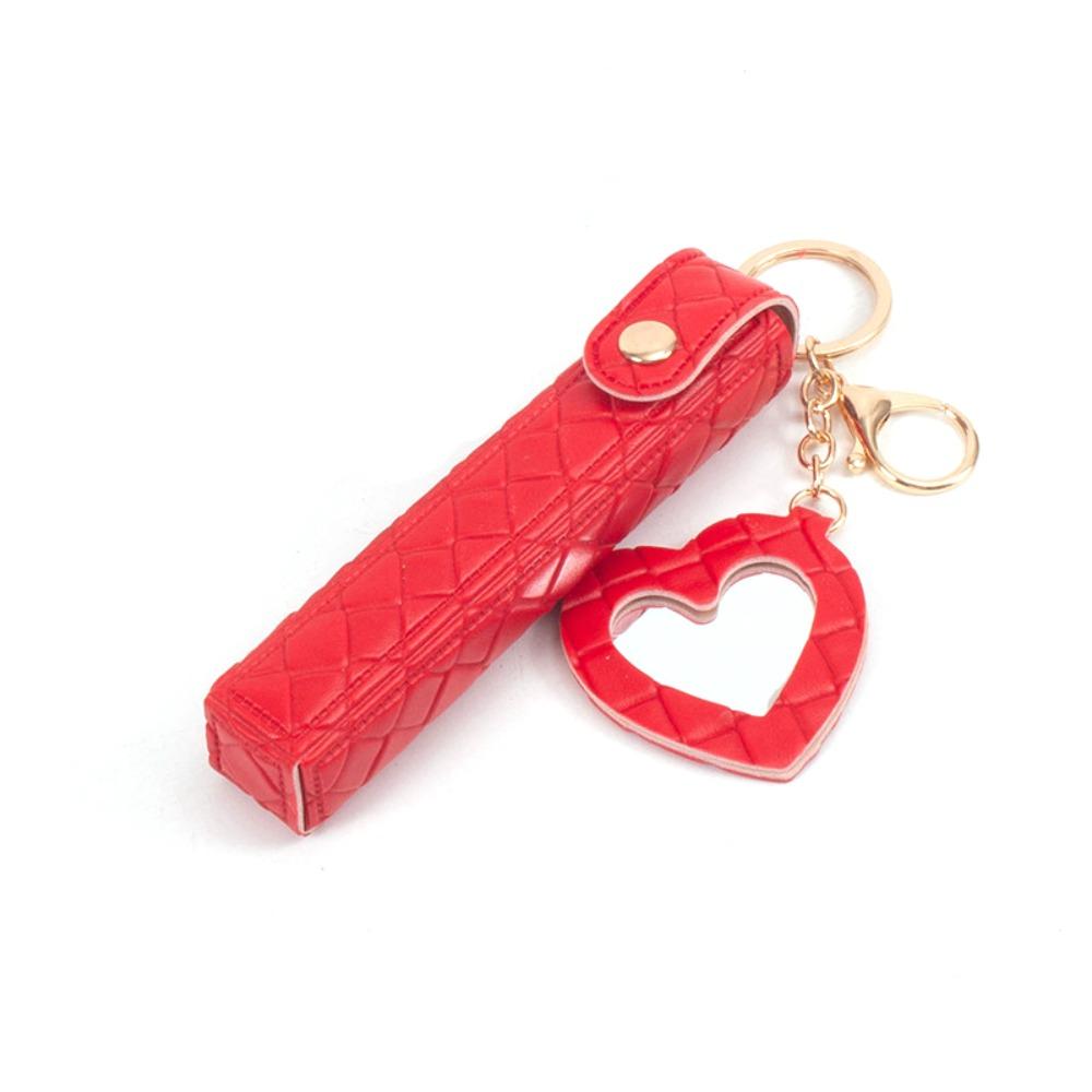 Portable Mini Lipstick Bag Keychain with Heart-shaped Mirror PU Leather Lip Balm Bag Keychain Design Lipsticks Protective Cover