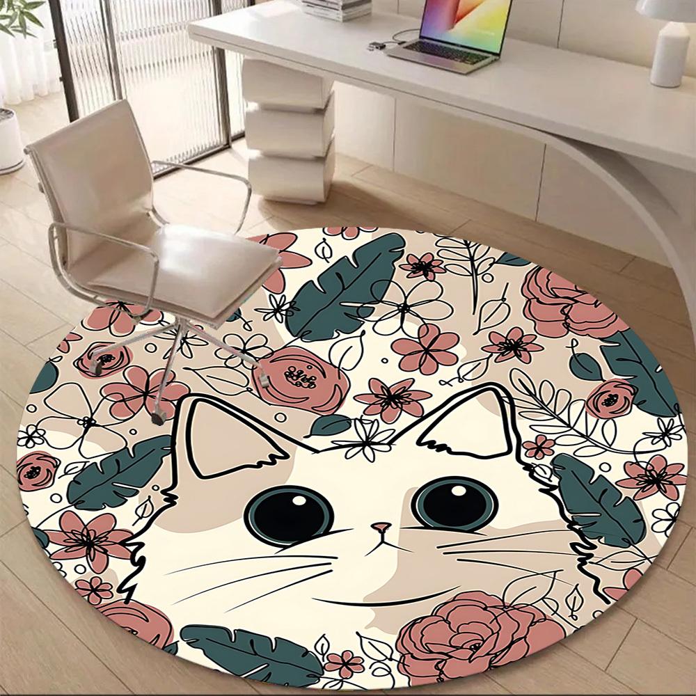 1pc Floral Cat Office Round Area Rug, Indoor Mat Suitable ForOffice, Under Office Chairs Bedroom Living Room Home Decor, Room Deco, D073