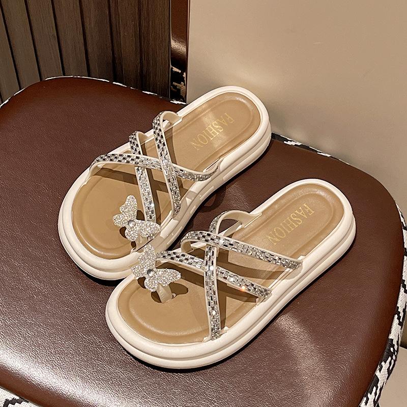 Premium sandals women's new summer fashion rhinestone butterfly toe thick-soled cool slippers