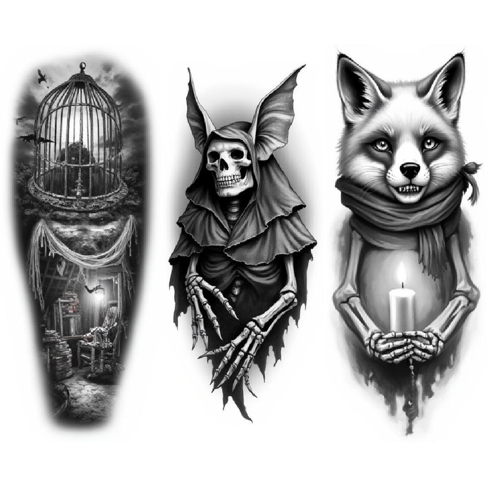 3pcs Temporary Tattoo Waterproof Long-lasting Body Stickers Wolf With Tentacles  And Ship Caged Bird For Arms Men Adults