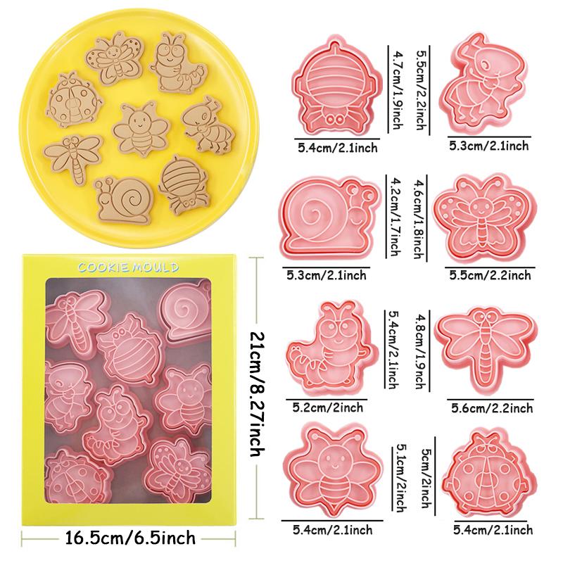 

8Pcs/set Cookie Cutters Plastic 3D Insect Shape Cartoon Pressable Biscuit Mold Cookie Stamp Kitchen Baking Pastry Bakeware