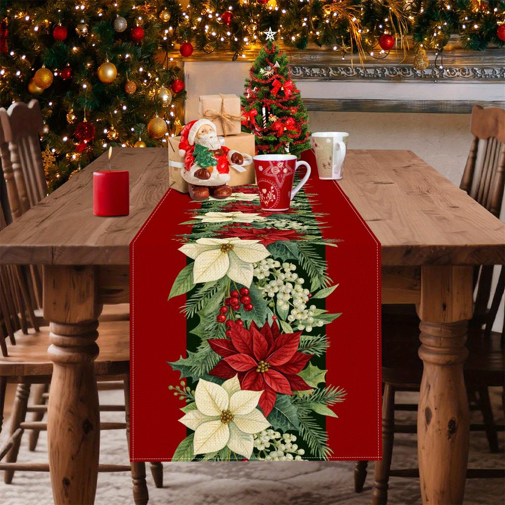 Merry Christmas Poinsettia Holly Berry Linen Table Runner Party Decor Washable Winter Dining Table Runners Christmas Decorations
