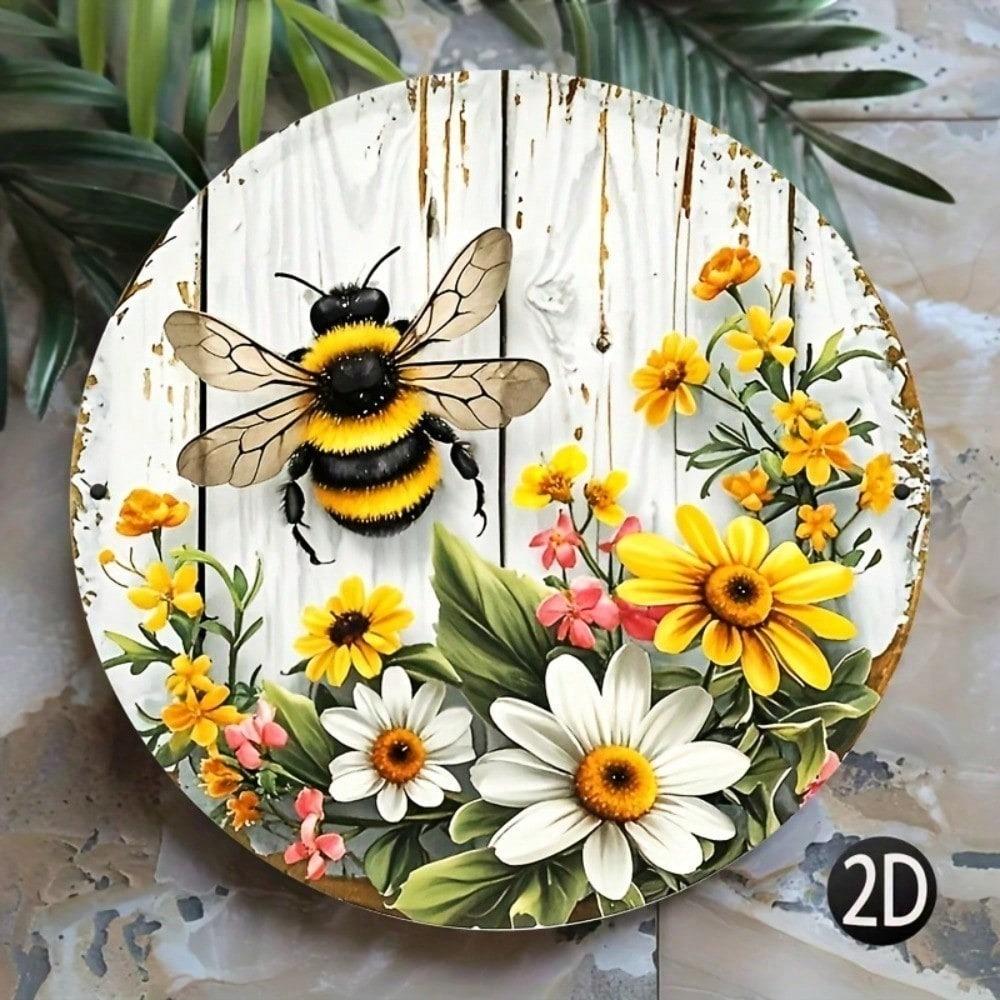 Rustikales Bienen- und Blumen-Metallwandkunstschild, 20 cm Landhausstil Heim- und Bürodekoration Plakette