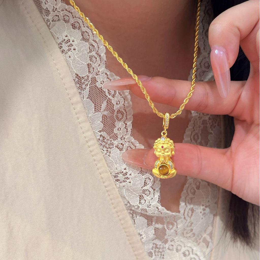 Ancient Frosted Tiger Eye Baby Buddha Necklace Braided Lotus Small Gold Buddha Pendant Necklace