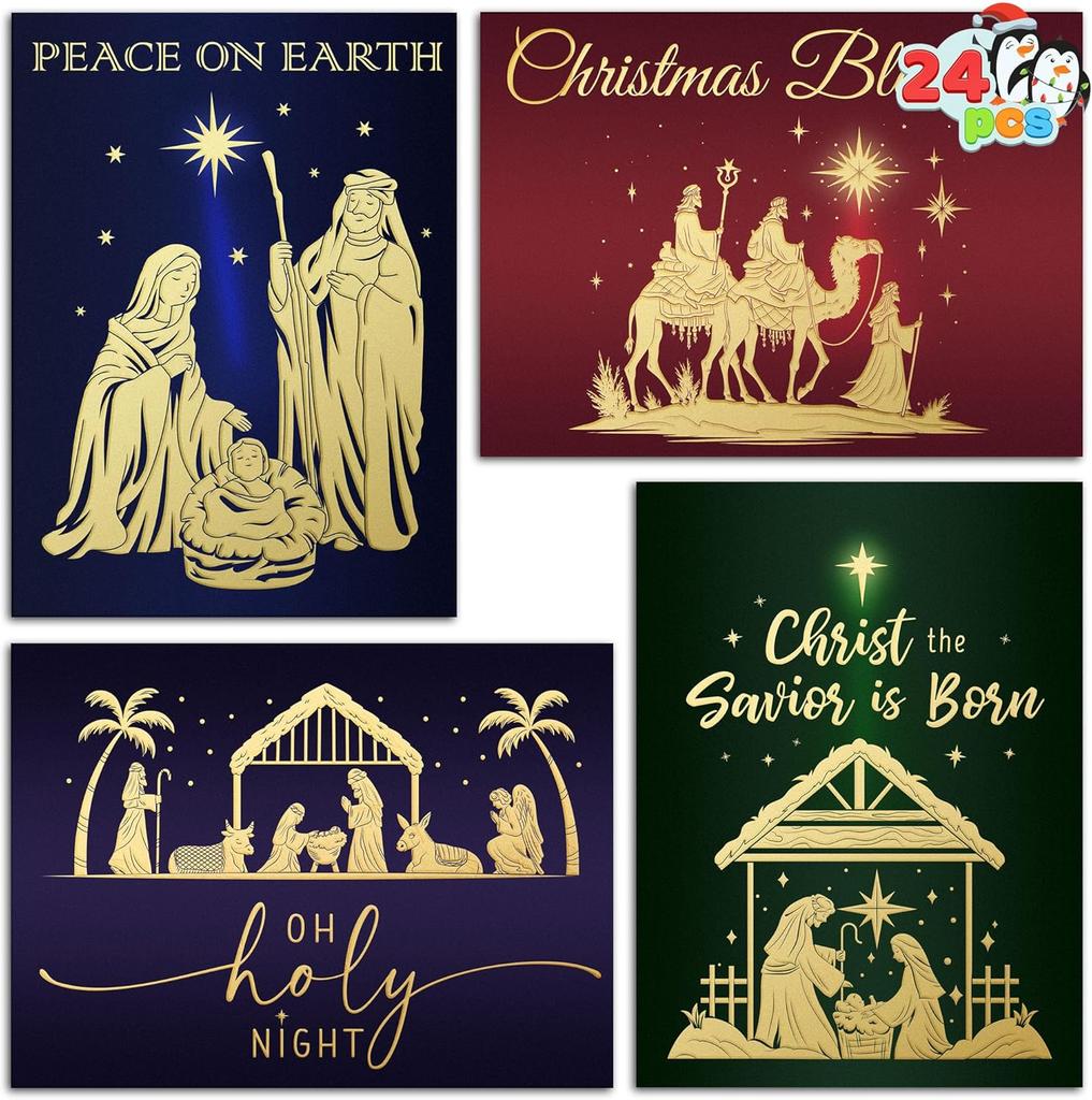 JOYFY 24 Tarjetas de Felicitación Religiosas de Navidad con Sobres 4 Diseños Set en Caja para Invierno Navidad Temporada Navideña Tarjetas Regalos