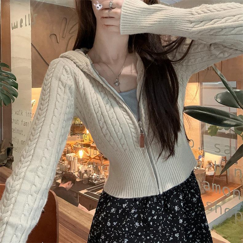Short Twist Hooded Zipper Knitted Cardigan Women's Slim-fit Sweater Jacket