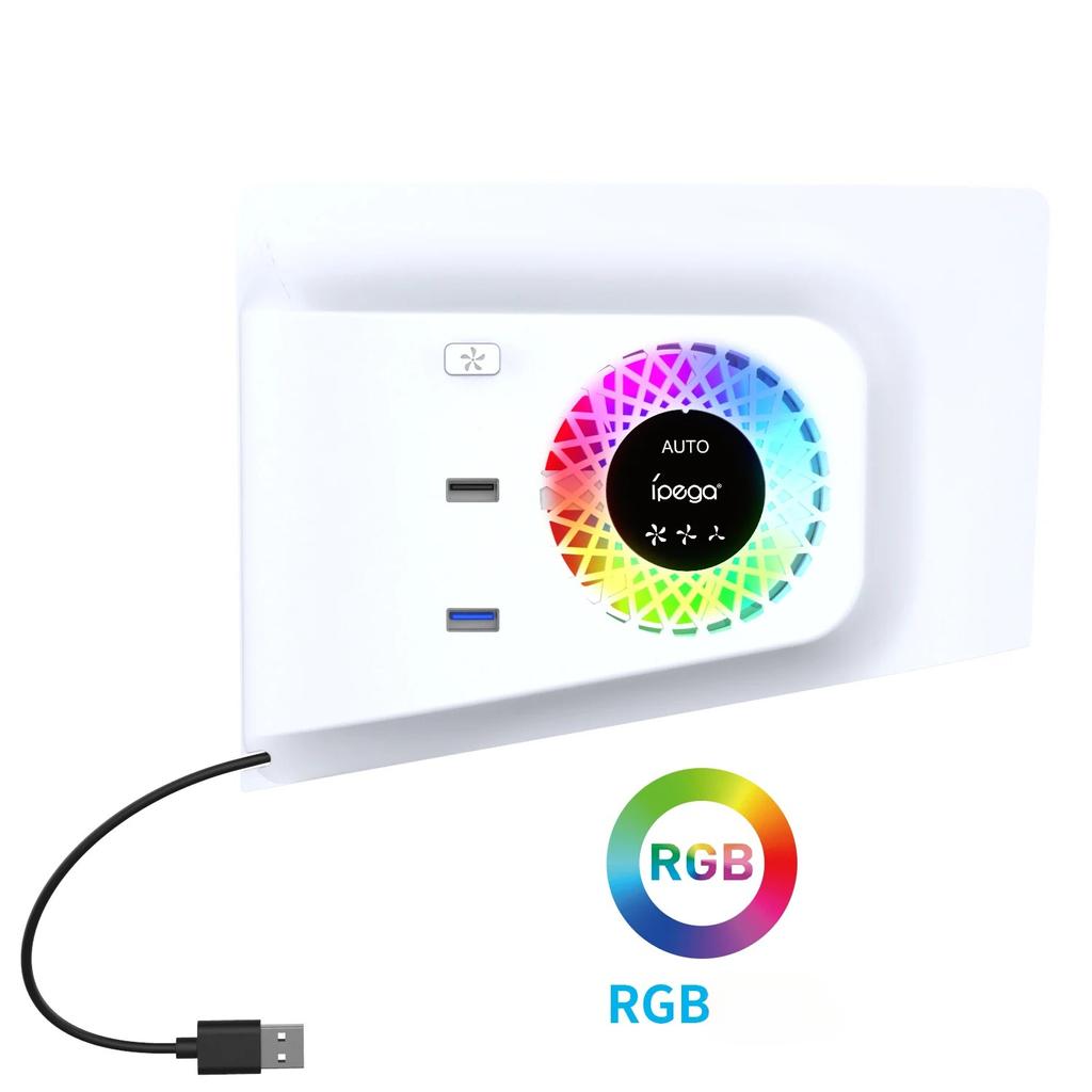 RGB-Lüfter mit Plattenabdeckung für PS5 Slim Digital/Disc, Automatische Geschwindigkeitsanpassung durch Temperatursensor, 3 Lüftergeschwindigkeiten manuell & USB3.0-Hubs, Kühlsystem