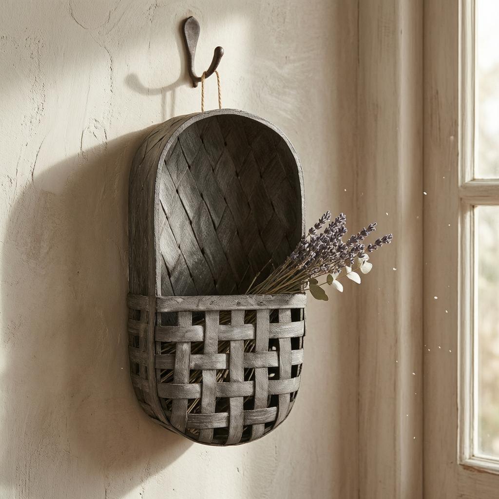 Woven Wood Basket Arched Top Wooden Wall Basket Home Storage Shallow Profile Rustic