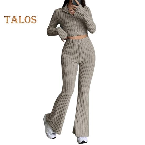 

2 шт./комплект женский весенний наряд для поездок на работу топ расклешенные брюки комплект застежка-молния воротник стойка пальто высокая талия спортивный костюм эластичная повседневная одежда S хаки