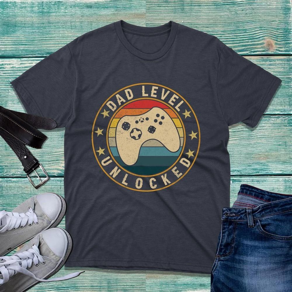 Dad Level Unlocked TShirt Vintage Gamer Daddy Fathers Day Dad Announceunisext Top S