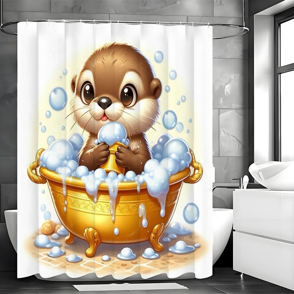 Little Beaver Taking A Bath Shower Curtain Washable Dirt-Resistant Shower Head Waterproof Polyester Bath Curtain For Home Decor