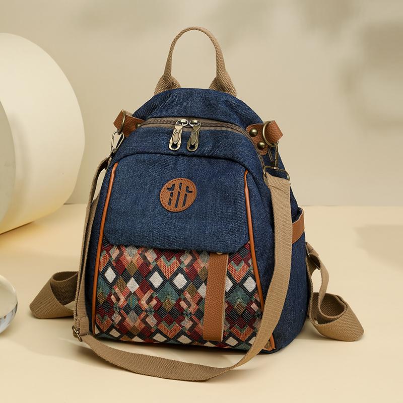 Vintage Color Block Backpack Ethnic Embroidery Shoulder Bag Large Capacity Backpack