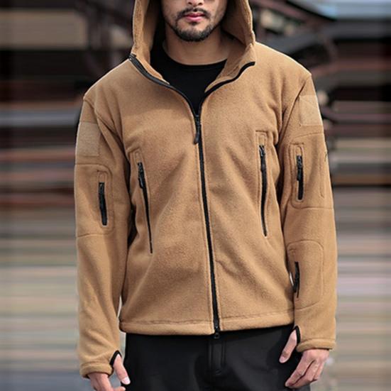Men Jacket Solid Color Hooded Long Sleeve Fleece Slim Multi Pockets Windproof Hoodie for Outdoor