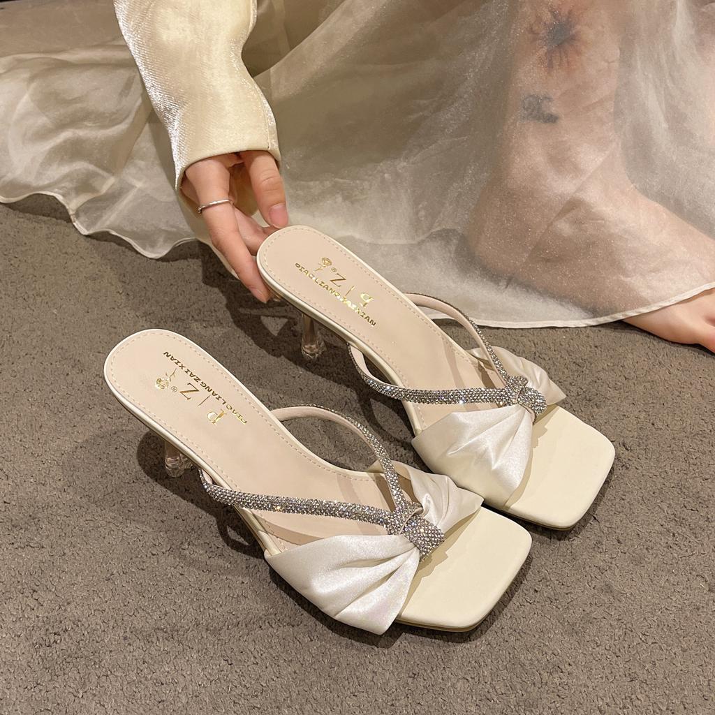 Black Word with Satin Rhinestones 2025 Summer New High Heels Cool Slippers Sandals Women's Bow Open-toe Wear