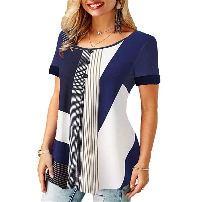 Léto Ženy Volné Topy pro volný čas Korejské Dámské Pruhované Mřížkové Potištěné O Krk Krátké rukávy Nadměrná velikost Maminka Šifonová trička