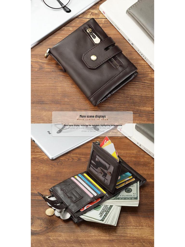 RFID-Geldbörse aus Leder für Herren: Vertikaler Stil, Diebstahlsicher, Rindsleder mit Ölwachs, Doppelreißverschluss, Multifunktional