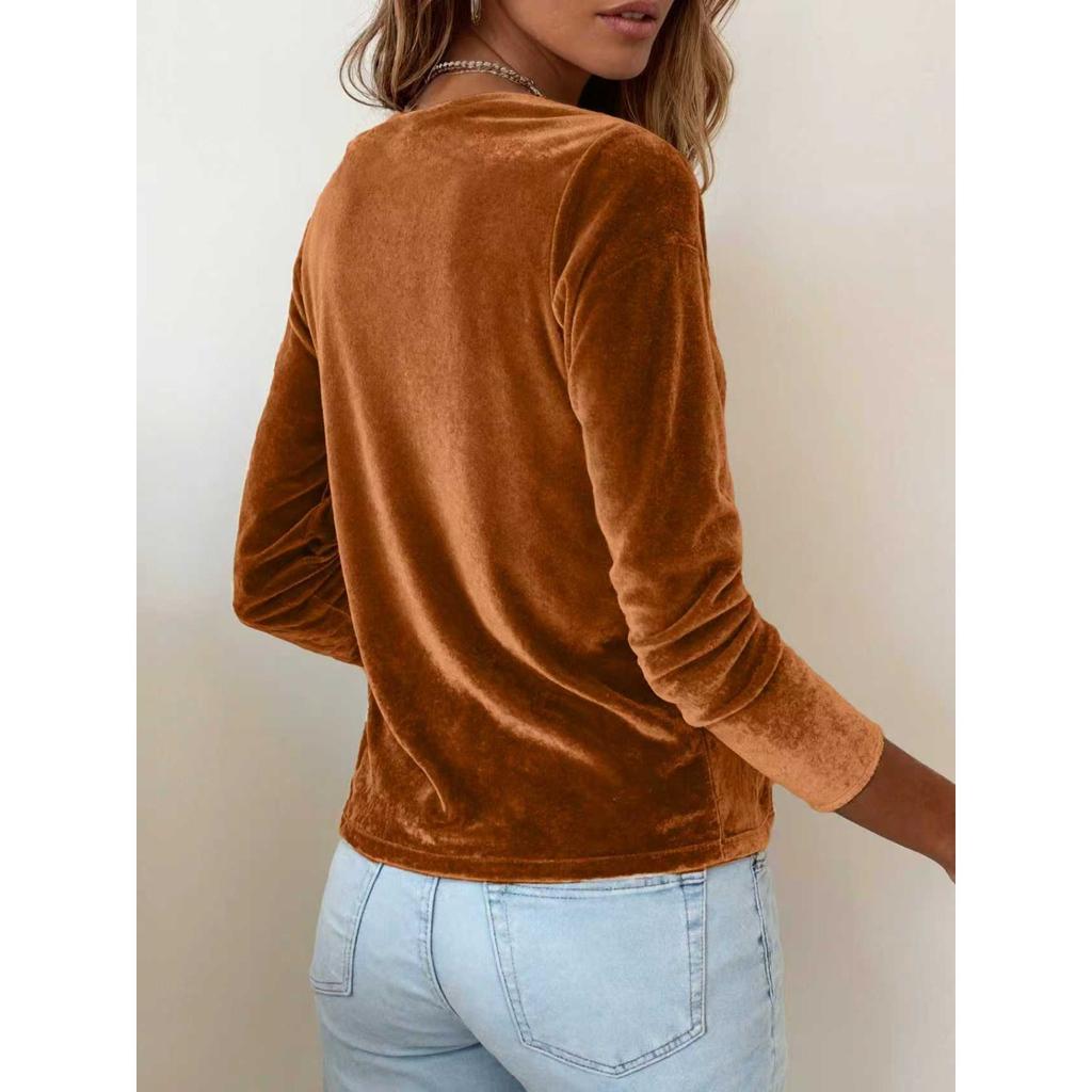 Women's Solid Color Velvet Long Sleeve T-shirt, Sexy Cowl Neck Casual Top