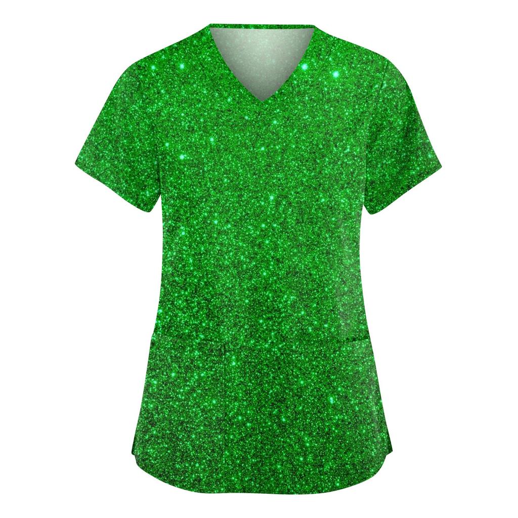 Women's Fashionable V-neck Workwear Printed Short Sleeved Pocket Side Slit Workwear Basic Pullover Top