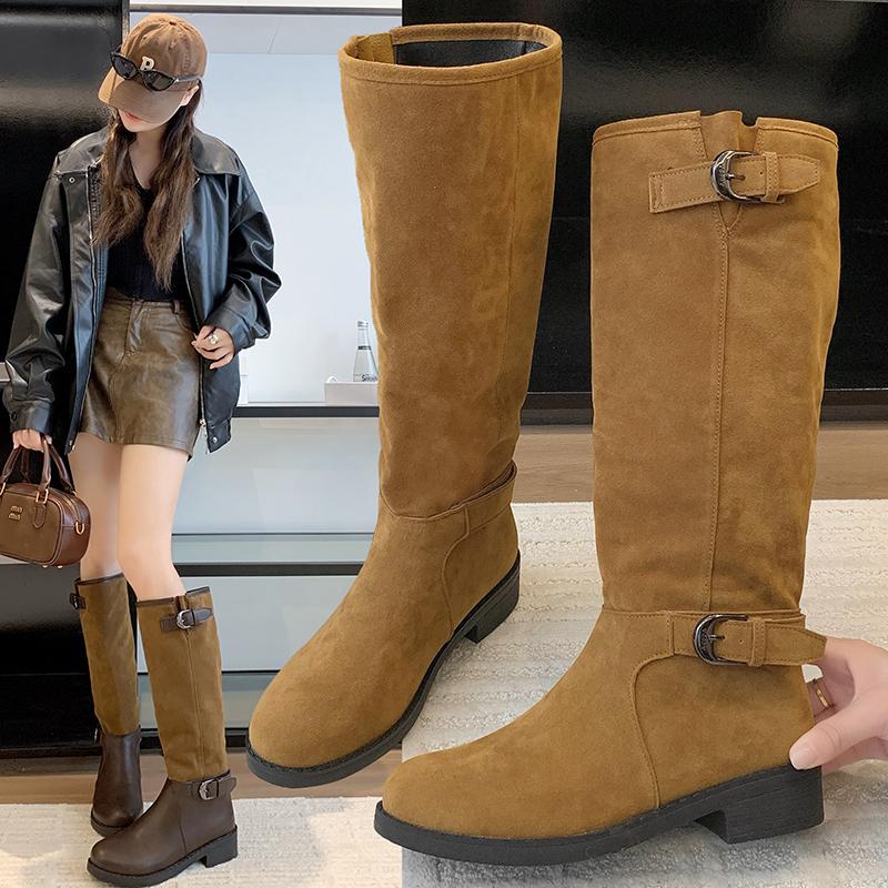 Summer 2025 Round Toe Thick Heel Flat Bottom Women's Long Boots Slim Fit Knight Style Micro Fiber Booties Rubber Shoe Faces