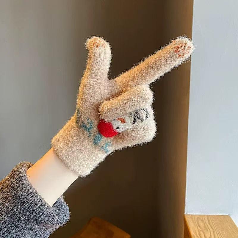 Winter all-inclusive five-finger gloves, cute snowman knitted thickened warm cycling cold-proof cotton gloves