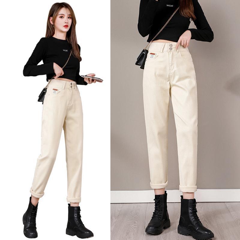 

Women s Plus Size High-Waist Off-White Denim Jeans with Velvet Lining - Loose Fit Harem Style for Autumn/Winter 2024 27