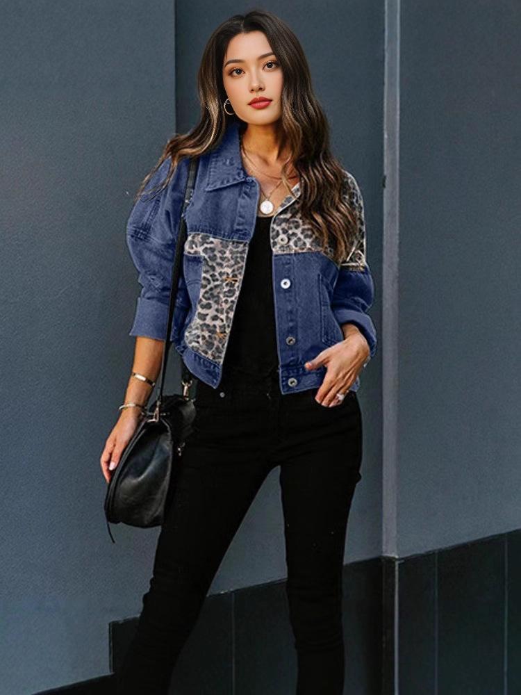 European-American Leopard Print Patchwork Ripped Denim Jacket - Women's Casual Autumn Fashion.