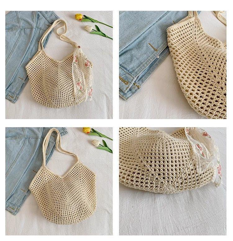 Women's Cotton Thread Knitted Shoulder Tote – Summer Large Capacity Floral Beach Bag