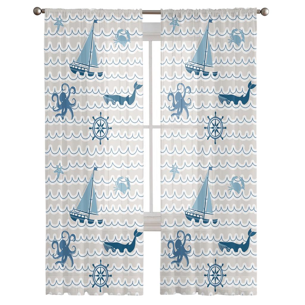 Wave Sailing Octopus And Whale Sheer Curtains for Living Room Modern Voile Curtain Bedroom Tulle Curtains Window Drapes Decor