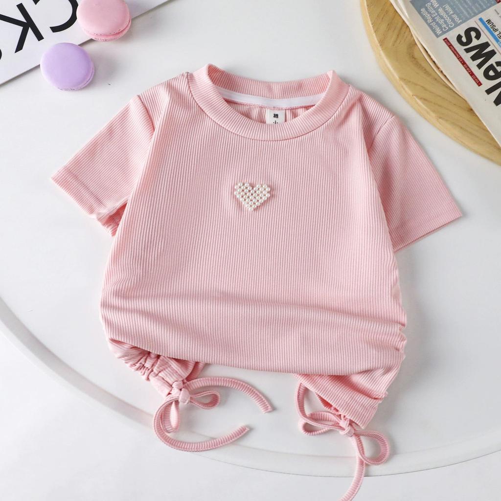 Korean Style Girls' Short-Sleeved Cotton T-Shirt with 3D Floral Design - Trendy Summer Children's Clothing