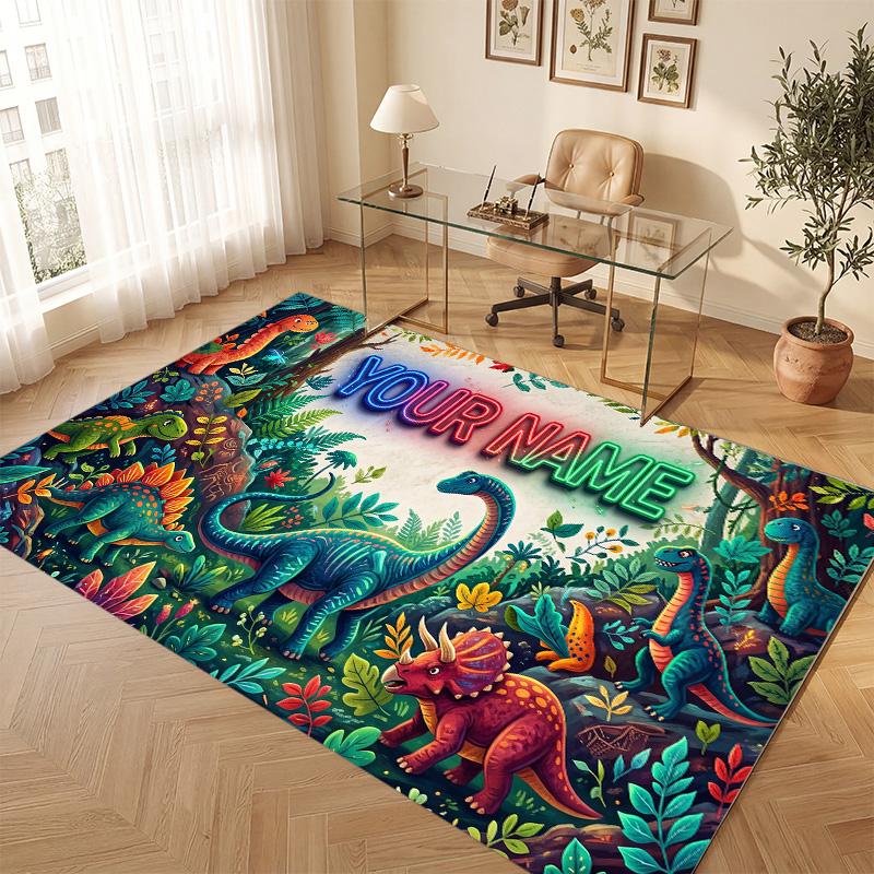 Dinosaur Theme Soft Crystal Velvet Rug Custom Name & Text Print Non Slip Floor Rug for Bedroom Living Room