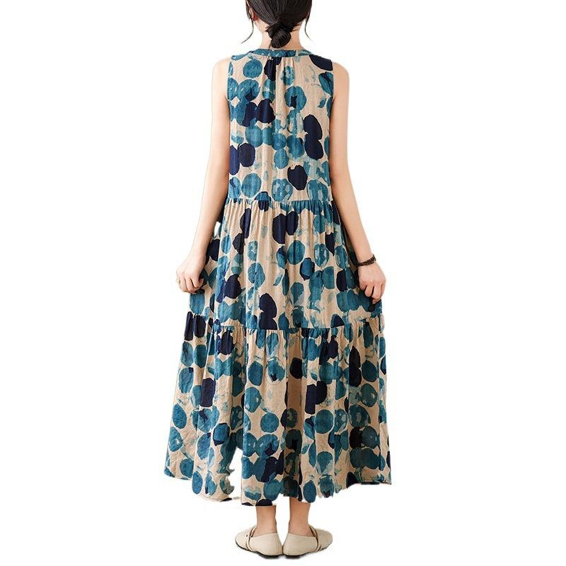 Real Summer New Literary and Retro Loose Printing Cotton and Linen Stand-up Collar Sleeveless Dress Women's Long Dress