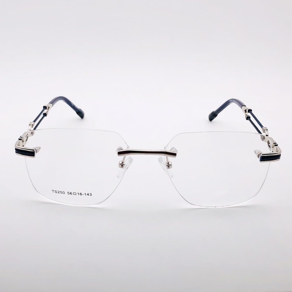 RSINC Rimless Frame Spectacle Eyeglass Metal Cup Durable Frames TS250 56-16-143 C5 BR 3 (Silver Blue) FR Silver Blue TS250 C5 | BR 3