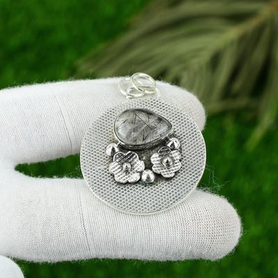 Natural Black Rutile Gemstone Jewelry 925 Sterling Silver Pendant For Girls