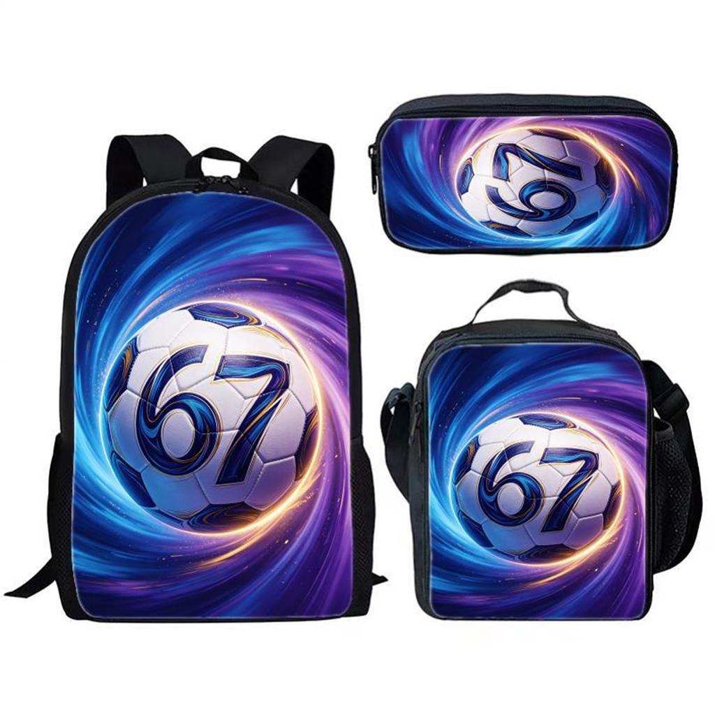 Three Piece Student Backpack Set Includes Backpack Lunch Bag Pencil Case Durable Material Suitable for School Use Sports Theme Design