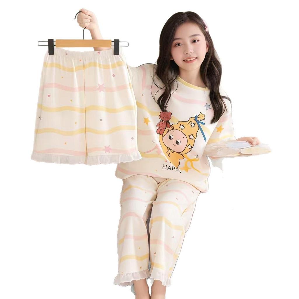 Summer Three-Piece Cartoon Pajama Set for Girls - Short Sleeve & Long Pants, Comfortable Home Wear for Kids
