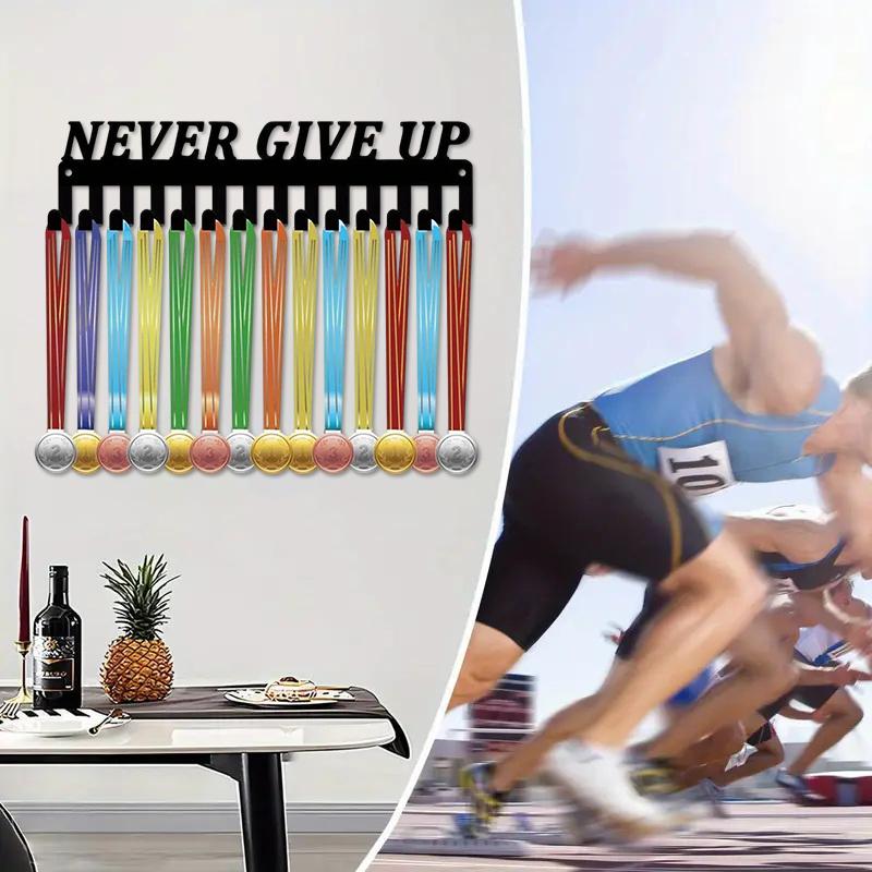 

1Pcs Metal Wall-Mounted Medals Display Rack Never Give Up Design Inspirational Medal Holder Athletic Achievements Showcase Decor A