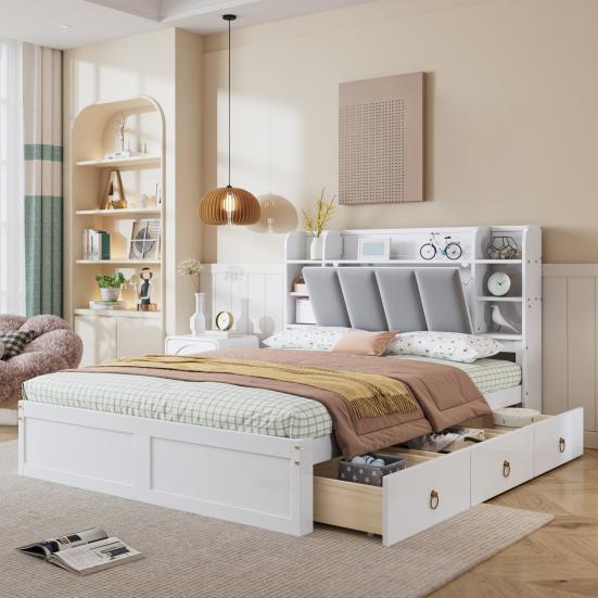 Modular Bed Double Bed, Open Shelf, Three Drawers with Castors, Metal Adult Handles, Storage Compartment Drop-Down Door, Pine Frame Soft