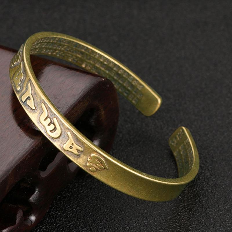 Vintage Brass Buddhist Mantra Bangle Adjustable Opening And Ancient Sanskrit Engravings Bracelet For Women And Men